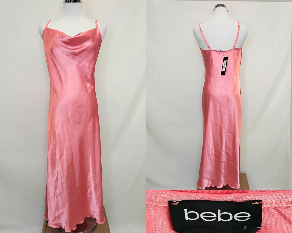 Bebe Slip Dress Women's Medium Satin Cowl Neck Pink Y2K NWT #J6143